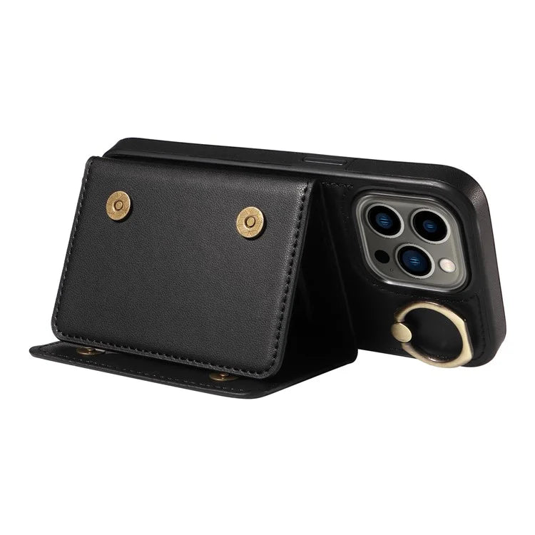 007 For iPhone 13 Pro Case Leather+TPU Phone Cover with Ring Holder Card Slots