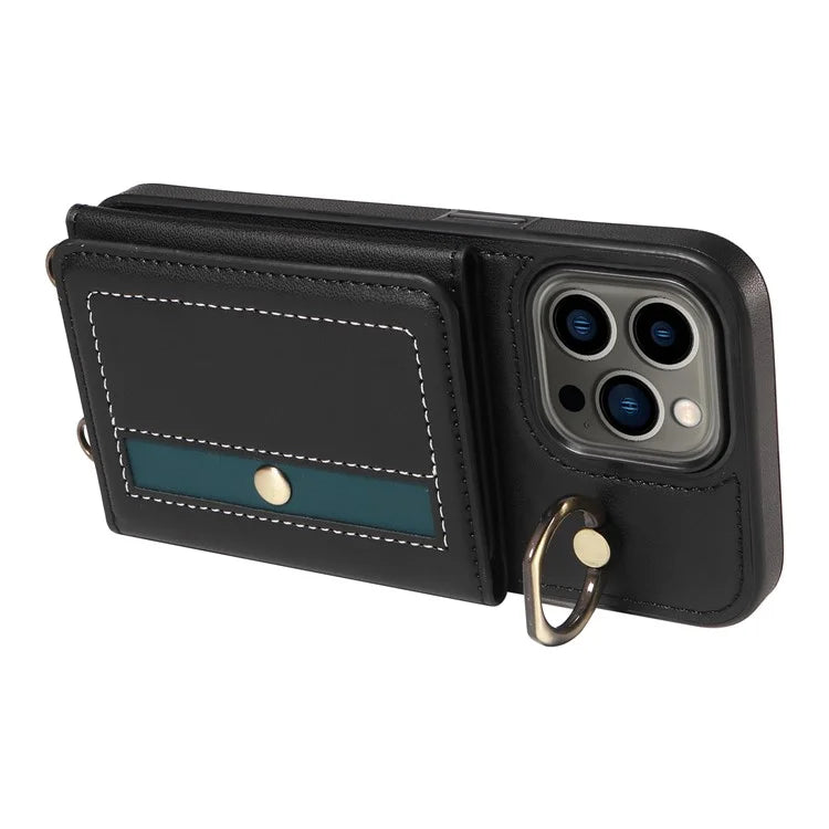 007 For iPhone 13 Pro Case Leather+TPU Phone Cover with Ring Holder Card Slots