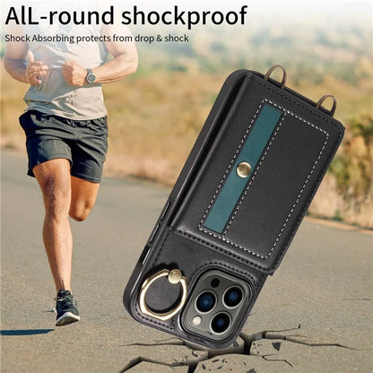 007 For iPhone 13 Pro Case Leather+TPU Phone Cover with Ring Holder Card Slots