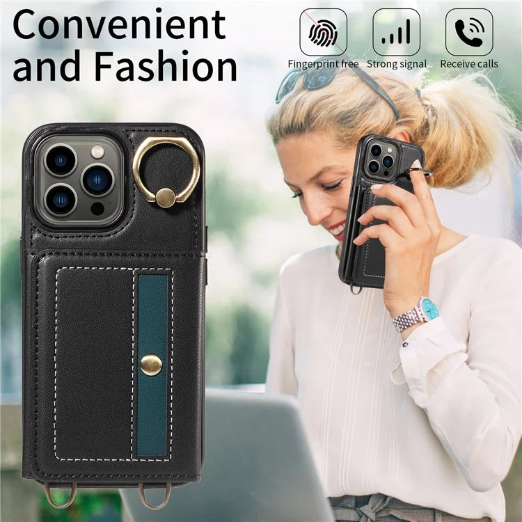 007 For iPhone 13 Pro Case Leather+TPU Phone Cover with Ring Holder Card Slots