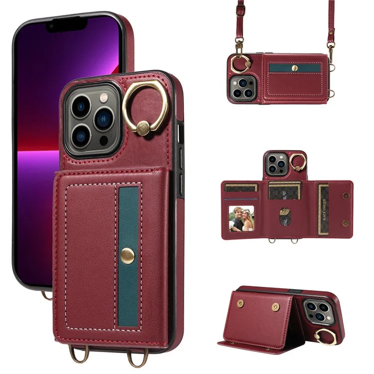 007 For iPhone 13 Pro Case Leather+TPU Phone Cover with Ring Holder Card Slots