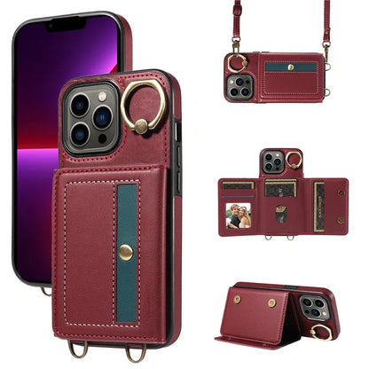 007 For iPhone 13 Pro Case Leather+TPU Phone Cover with Ring Holder Card Slots