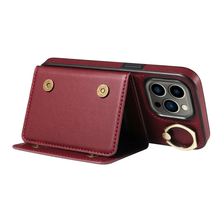 007 For iPhone 13 Pro Case Leather+TPU Phone Cover with Ring Holder Card Slots