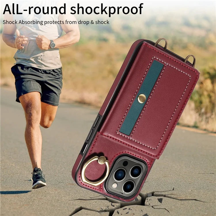 007 For iPhone 13 Pro Case Leather+TPU Phone Cover with Ring Holder Card Slots