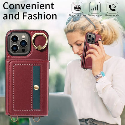 007 For iPhone 13 Pro Case Leather+TPU Phone Cover with Ring Holder Card Slots