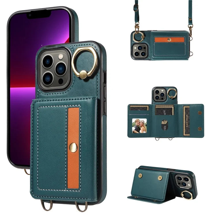 007 For iPhone 13 Pro Case Leather+TPU Phone Cover with Ring Holder Card Slots