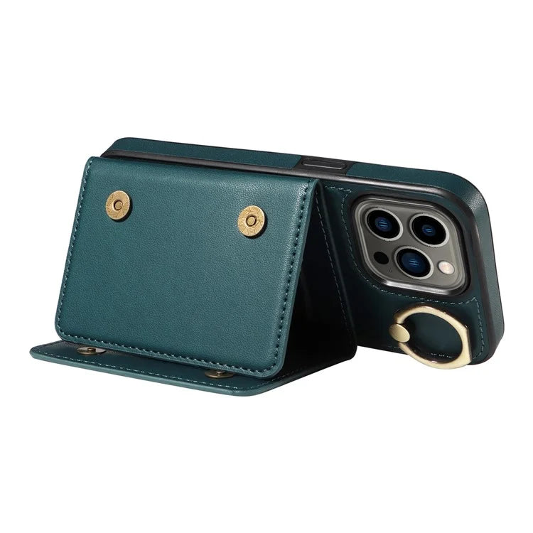 007 For iPhone 13 Pro Case Leather+TPU Phone Cover with Ring Holder Card Slots