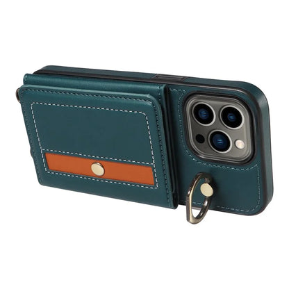 007 For iPhone 13 Pro Case Leather+TPU Phone Cover with Ring Holder Card Slots