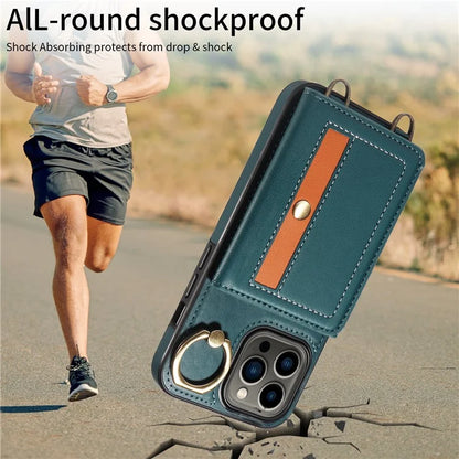 007 For iPhone 13 Pro Case Leather+TPU Phone Cover with Ring Holder Card Slots