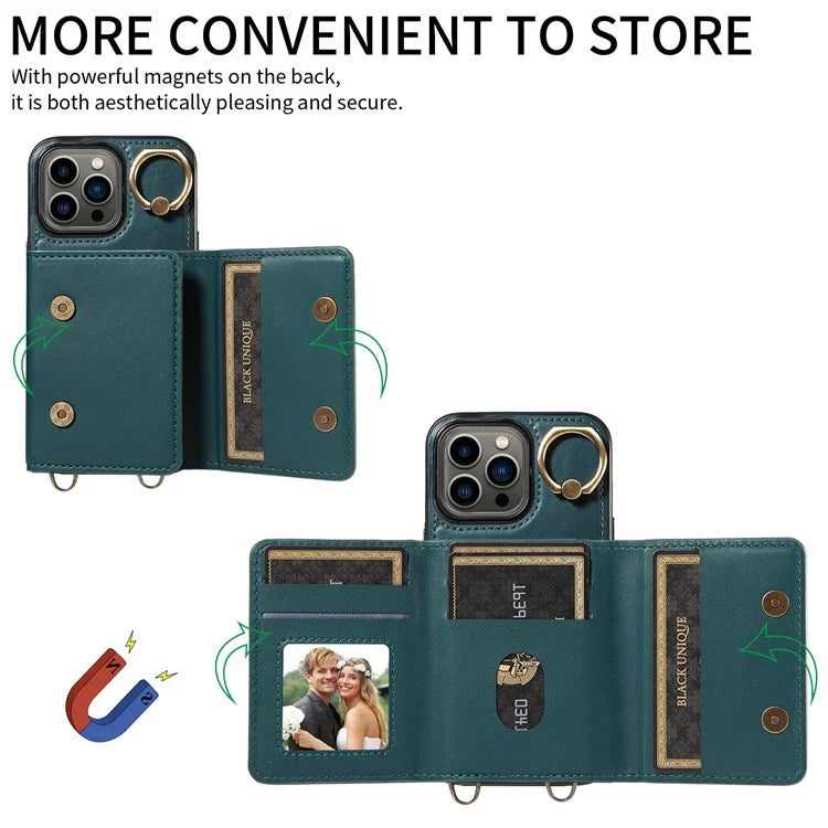 007 For iPhone 13 Pro Case Leather+TPU Phone Cover with Ring Holder Card Slots