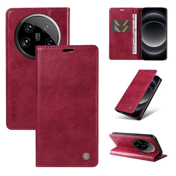 YIKATU YK-006 For Xiaomi 14 Ultra Wallet Case Magnetic Closure Leather Litchi Texture Phone Cover