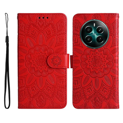 For Realme 12+ 5G Wallet Case Sunflower Imprinted Leather Flip Phone Cover