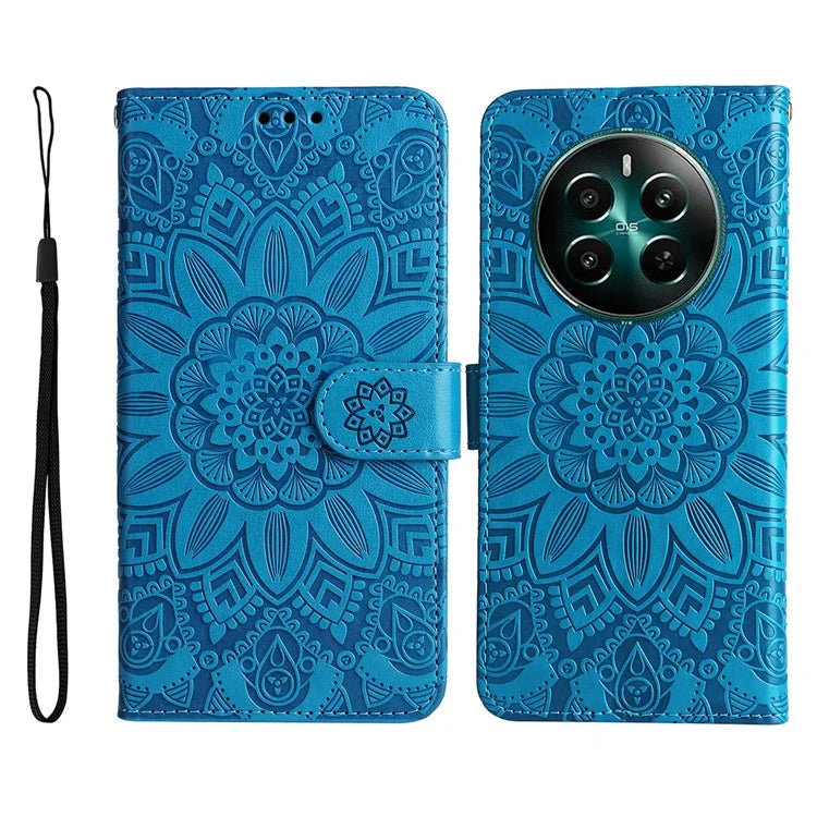 For Realme 12+ 5G Wallet Case Sunflower Imprinted Leather Flip Phone Cover