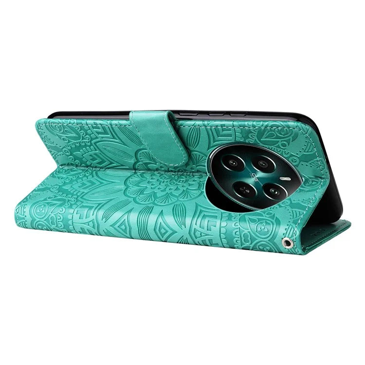 For Realme 12+ 5G Wallet Case Sunflower Imprinted Leather Flip Phone Cover