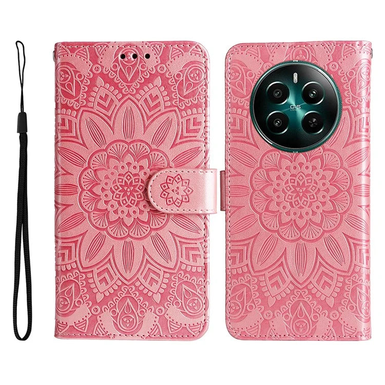 For Realme 12+ 5G Wallet Case Sunflower Imprinted Leather Flip Phone Cover
