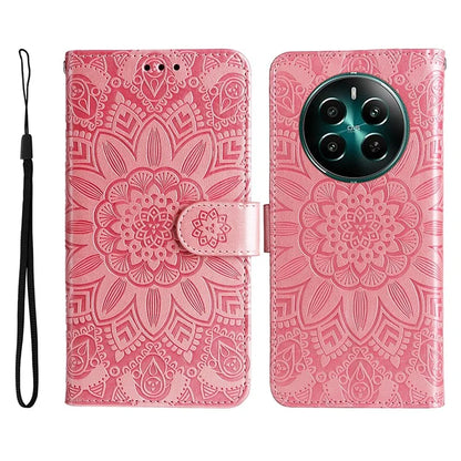 For Realme 12+ 5G Wallet Case Sunflower Imprinted Leather Flip Phone Cover