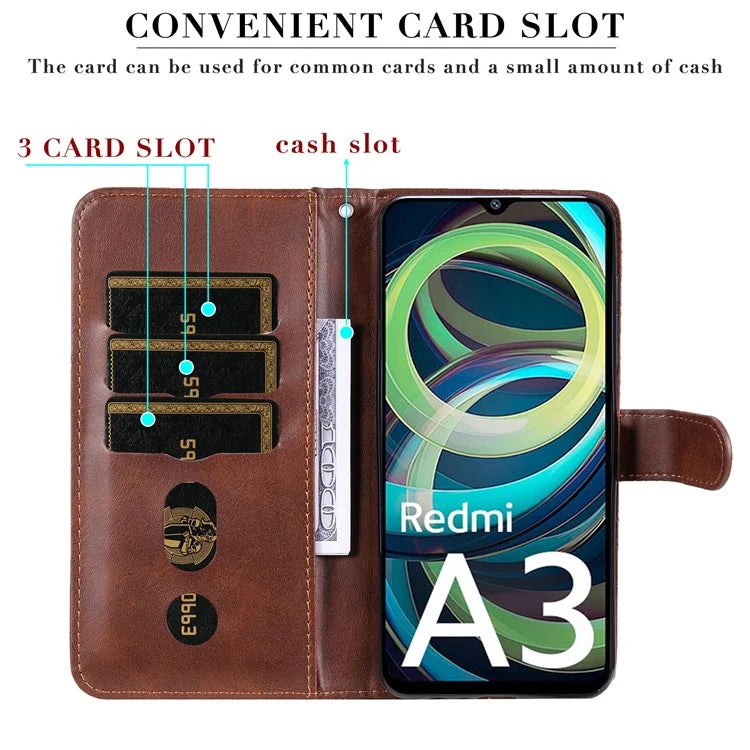 For Xiaomi Redmi A3 Magnetic Case Zipper Pocket Phone Cover with Calf Texture