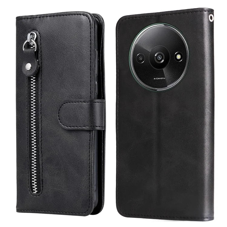 For Xiaomi Redmi A3 Magnetic Case Zipper Pocket Phone Cover with Calf Texture
