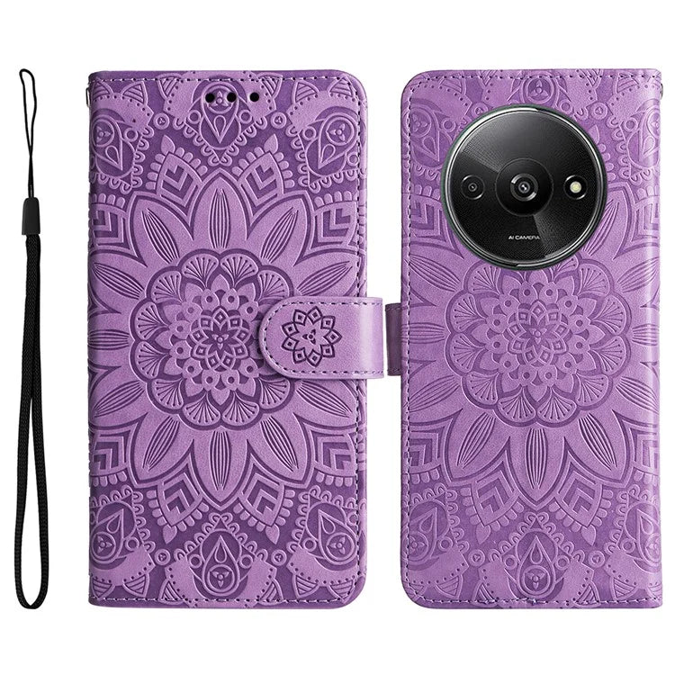 For Xiaomi Redmi A3 Cell Phone Case Imprinted Flower Stand Cover with Handy Strap