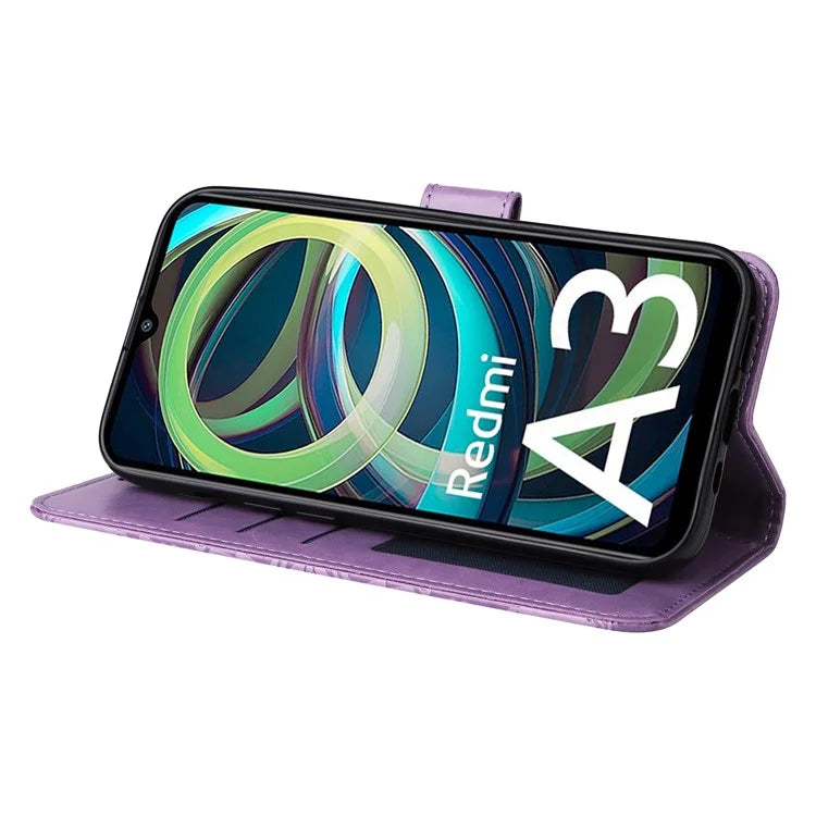 For Xiaomi Redmi A3 Cell Phone Case Imprinted Flower Stand Cover with Handy Strap