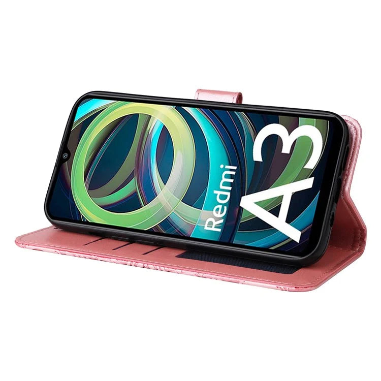 For Xiaomi Redmi A3 Cell Phone Case Imprinted Flower Stand Cover with Handy Strap