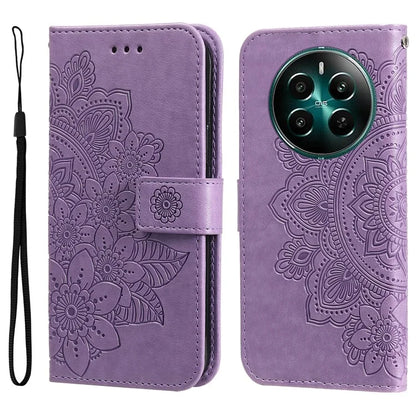 For Realme 12+ 5G Leather Case Wallet Phone Cover Imprinted Flower Pattern