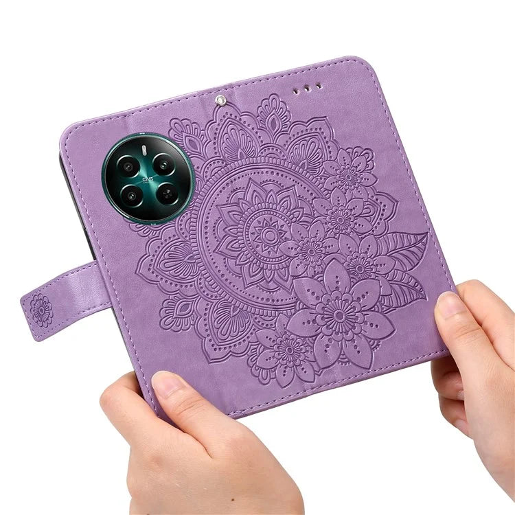 For Realme 12+ 5G Leather Case Wallet Phone Cover Imprinted Flower Pattern