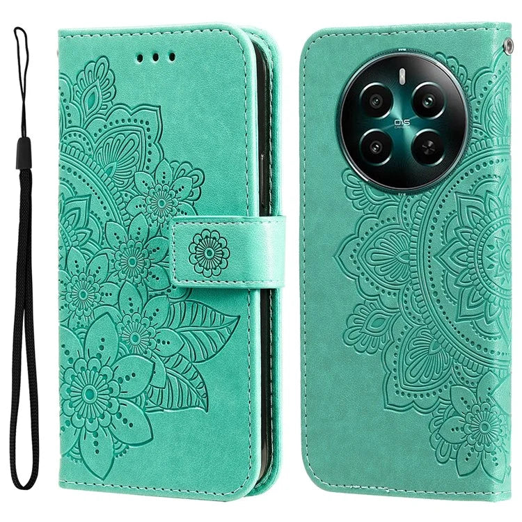 For Realme 12+ 5G Leather Case Wallet Phone Cover Imprinted Flower Pattern