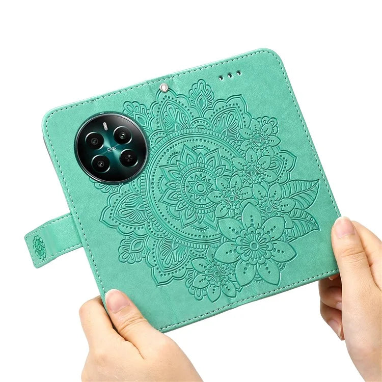 For Realme 12+ 5G Leather Case Wallet Phone Cover Imprinted Flower Pattern