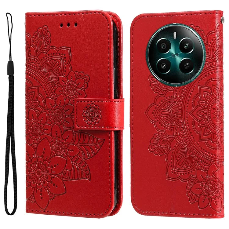For Realme 12+ 5G Leather Case Wallet Phone Cover Imprinted Flower Pattern