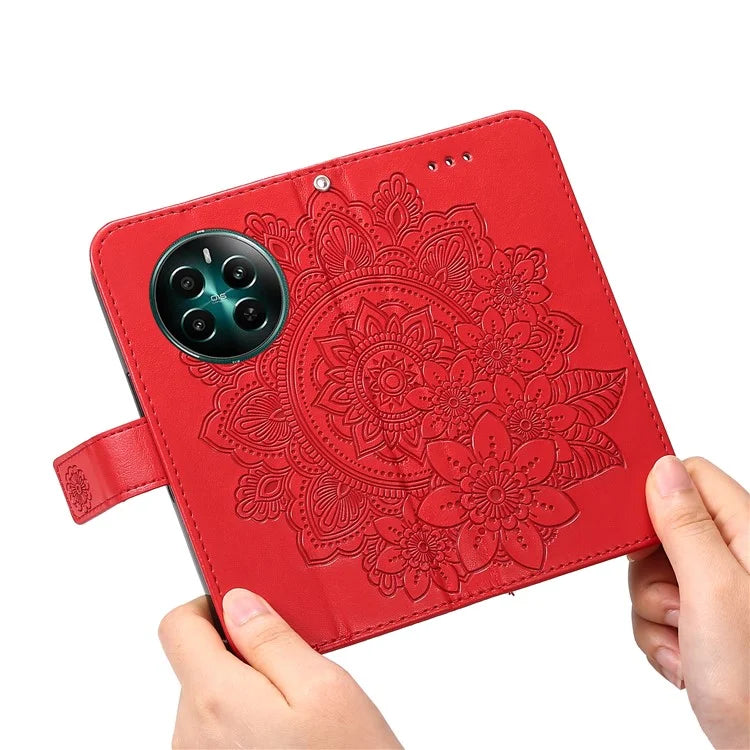 For Realme 12+ 5G Leather Case Wallet Phone Cover Imprinted Flower Pattern