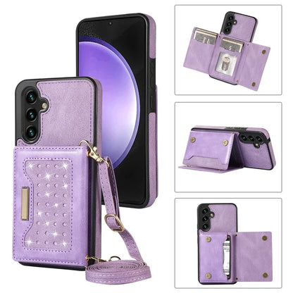 For Samsung Galaxy S23 Case Leather+TPU Kickstand Cover with Lanyard RFID Blocking Wallet