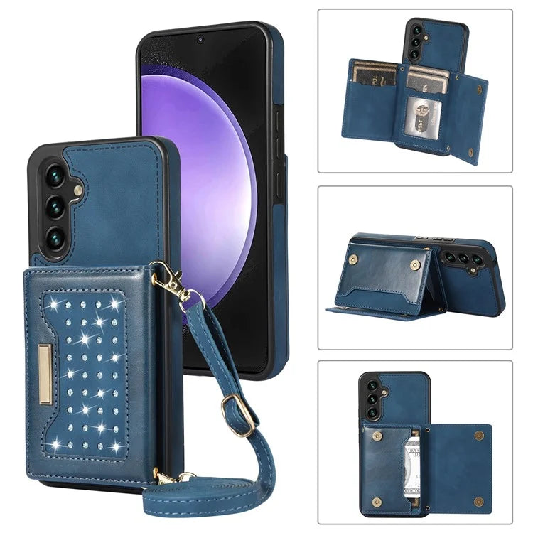 For Samsung Galaxy S23 Case Leather+TPU Kickstand Cover with Lanyard RFID Blocking Wallet