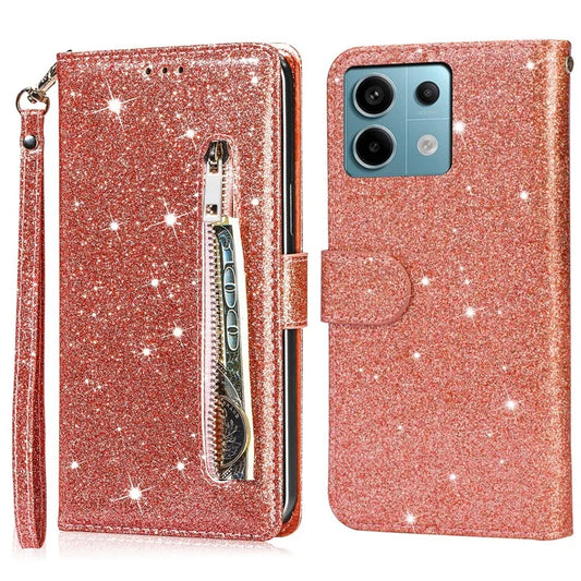 For Xiaomi Redmi Note 13 5G Case Stand Glitter Phone Leather Cover Zipper Pocket
