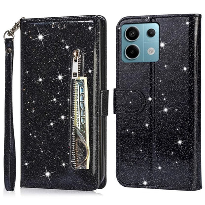 For Xiaomi Redmi Note 13 5G Case Stand Glitter Phone Leather Cover Zipper Pocket