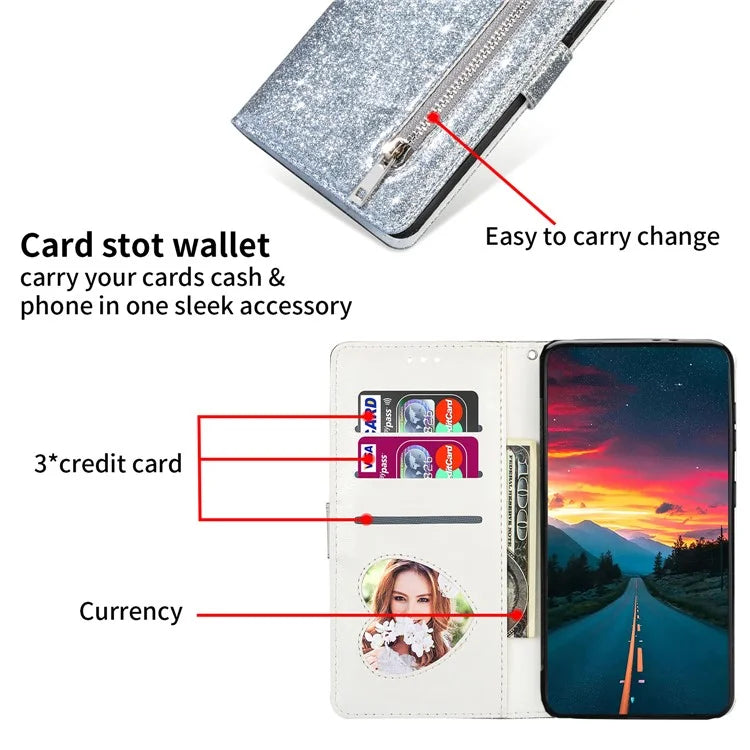 For Xiaomi Redmi Note 13 5G Case Stand Glitter Phone Leather Cover Zipper Pocket