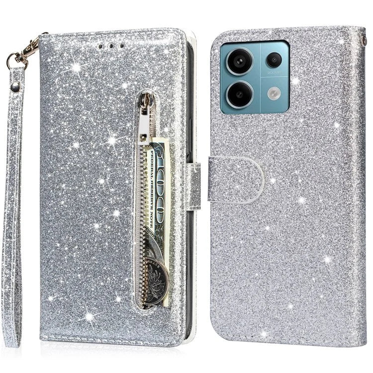For Xiaomi Redmi Note 13 Pro 5G / Poco X6 5G Case Glitter Zipper Leather Cover with Wallet