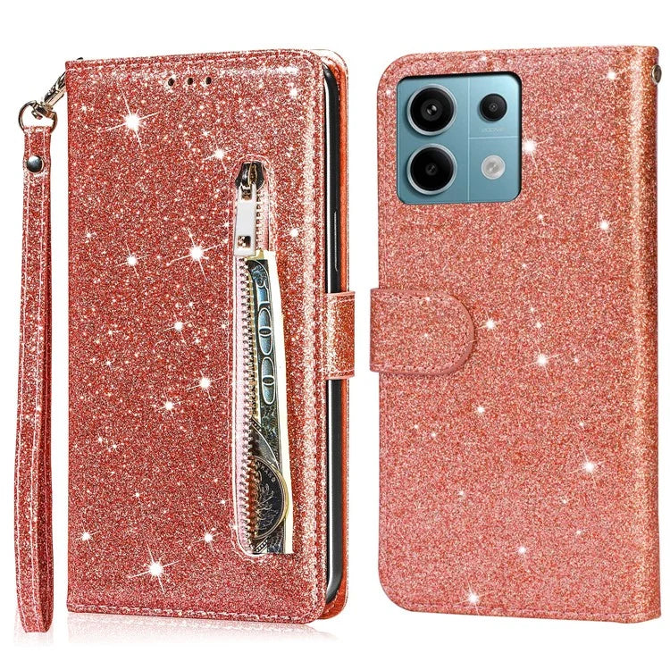 For Xiaomi Redmi Note 13 Pro 5G / Poco X6 5G Case Glitter Zipper Leather Cover with Wallet