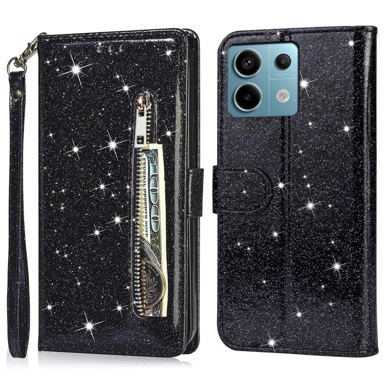 For Xiaomi Redmi Note 13 Pro 5G / Poco X6 5G Case Glitter Zipper Leather Cover with Wallet