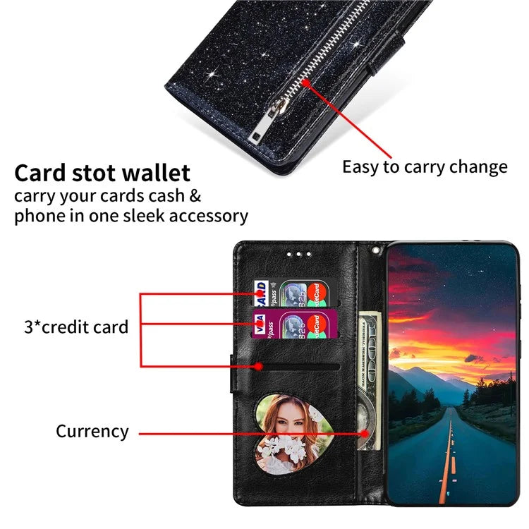 For Xiaomi Redmi Note 13 Pro 5G / Poco X6 5G Case Glitter Zipper Leather Cover with Wallet