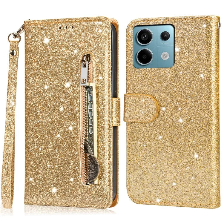 For Xiaomi Redmi Note 13 Pro 5G / Poco X6 5G Case Glitter Zipper Leather Cover with Wallet