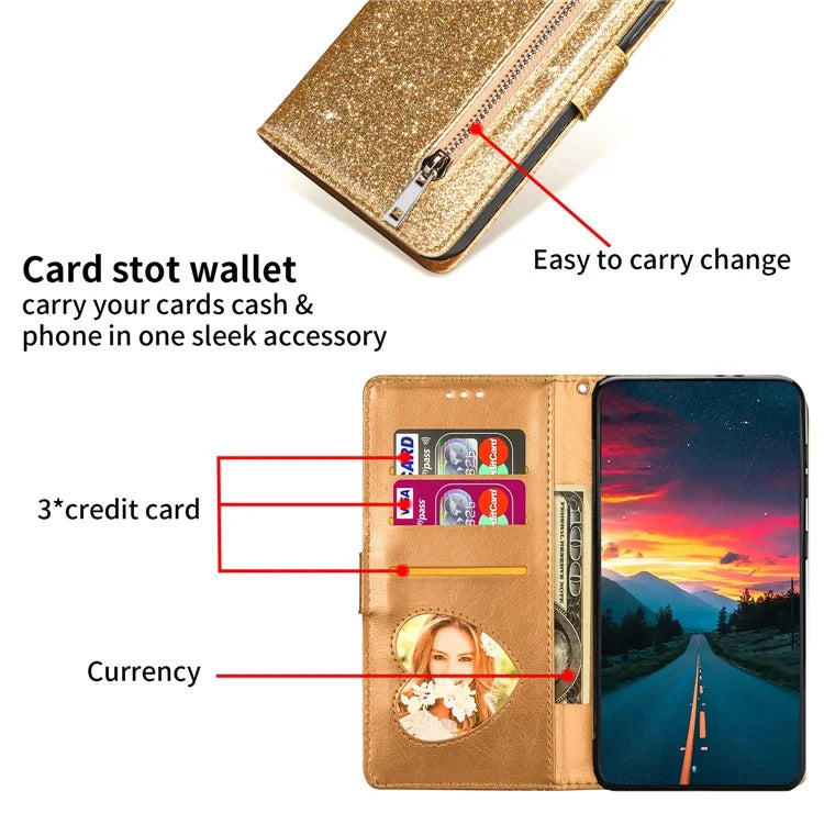 For Xiaomi Redmi Note 13 Pro 5G / Poco X6 5G Case Glitter Zipper Leather Cover with Wallet