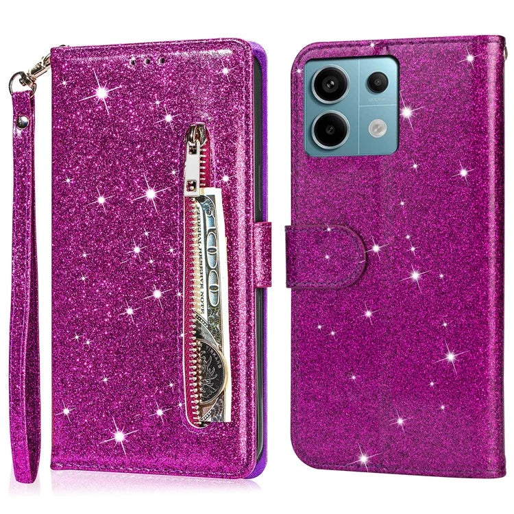 For Xiaomi Redmi Note 13 Pro 5G / Poco X6 5G Case Glitter Zipper Leather Cover with Wallet
