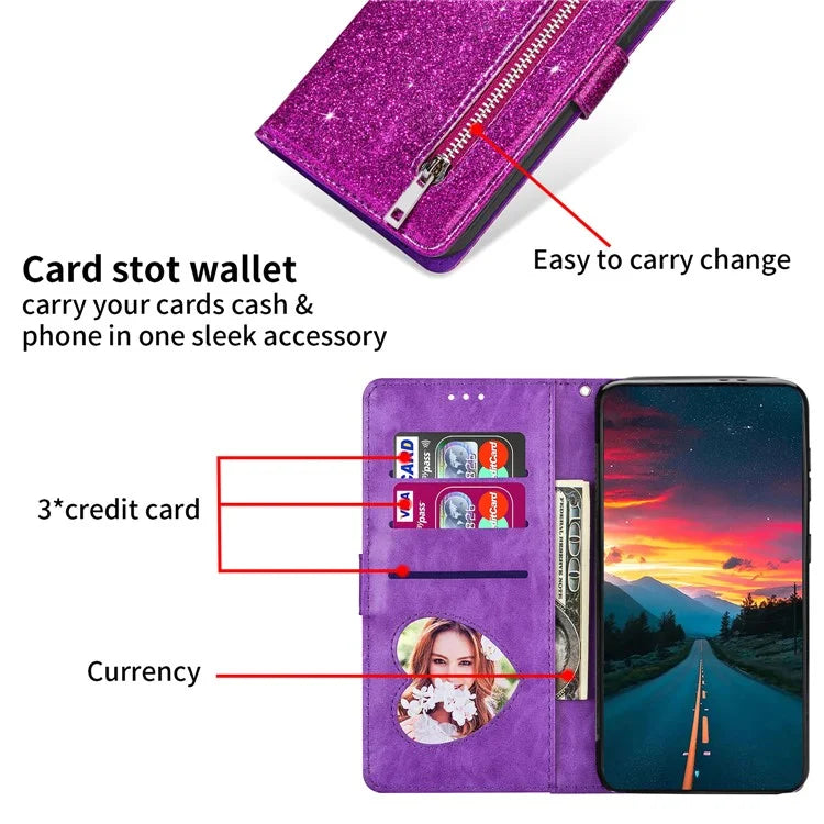 For Xiaomi Redmi Note 13 Pro 5G / Poco X6 5G Case Glitter Zipper Leather Cover with Wallet