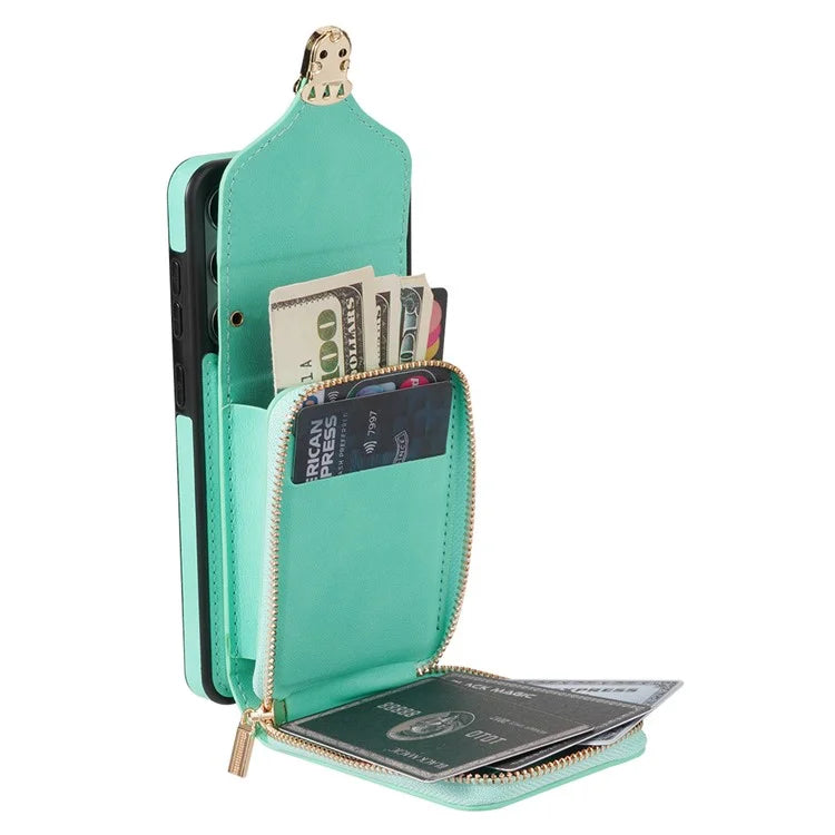 For Samsung Galaxy S23 FE Case Card Holder Zipper Phone Bag Leather+TPU Cover