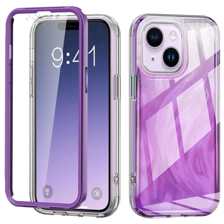 For iPhone 14 Plus Phone Case Gradient Feather Pattern PC+TPU Full Body Protection Cover