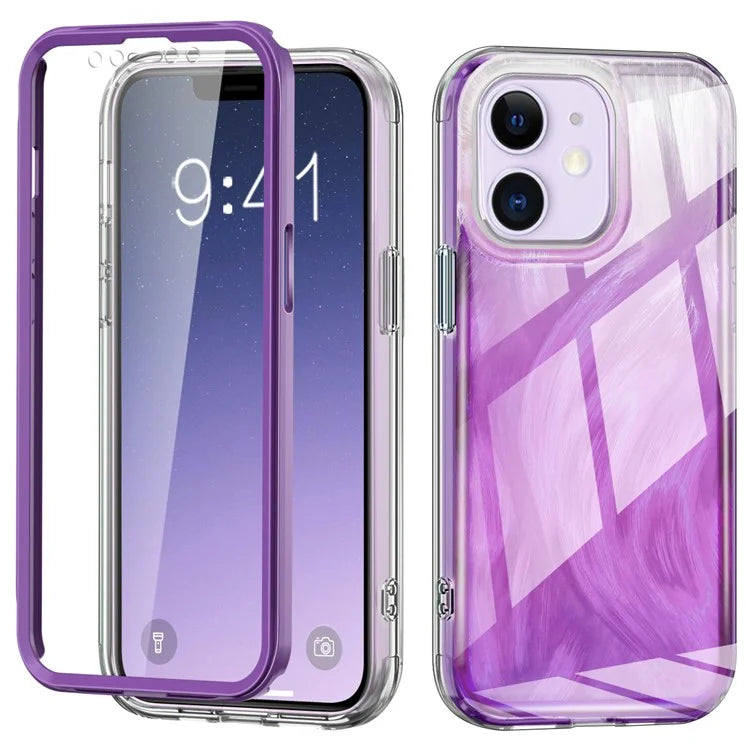 For iPhone 11 Feather Pattern Case Gradient PC+TPU Protective Phone Cover with Screen Protector