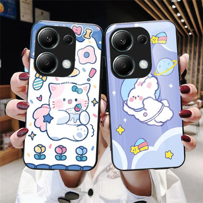 For Xiaomi Redmi Note 13 Pro 4G / Poco M6 Pro 4G Tempered Glass Case Cartoon Animal Pattern Back Cover
