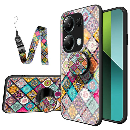 For Xiaomi Redmi Note 13 Pro 4G / Poco M6 Pro 4G Case Flower Pattern Tempered Glass Phone Cover with Kickstand