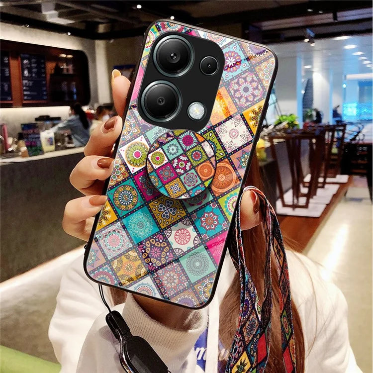 For Xiaomi Redmi Note 13 Pro 4G / Poco M6 Pro 4G Case Flower Pattern Tempered Glass Phone Cover with Kickstand